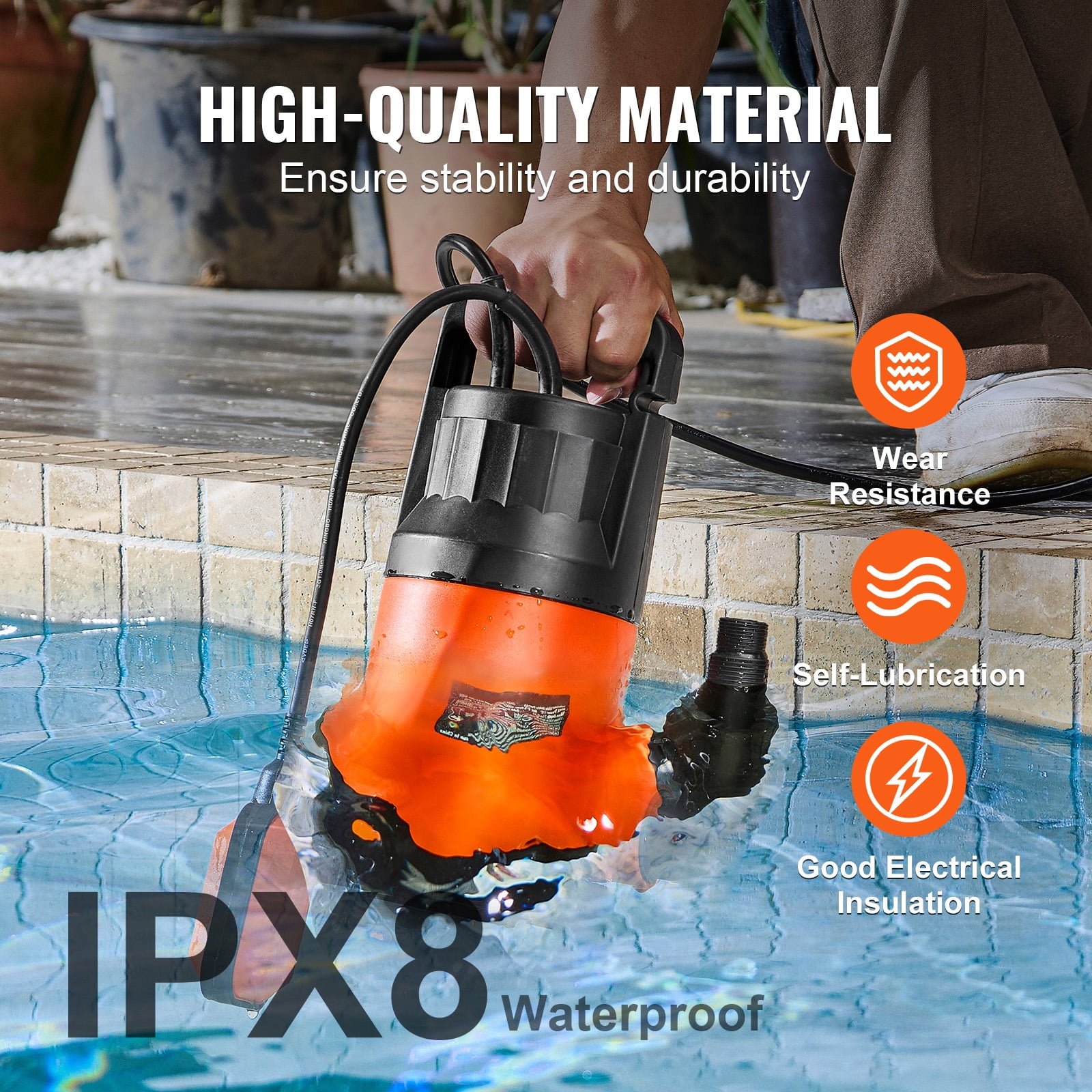 KFFKFF Water Removal Pump, 1 HP Power, 4000 GPH Flow Rate, 31 ft Max Lift, Submersible Sump Pump with 10 ft Power Cable for Pool, Garden Pond, and Basement Draining