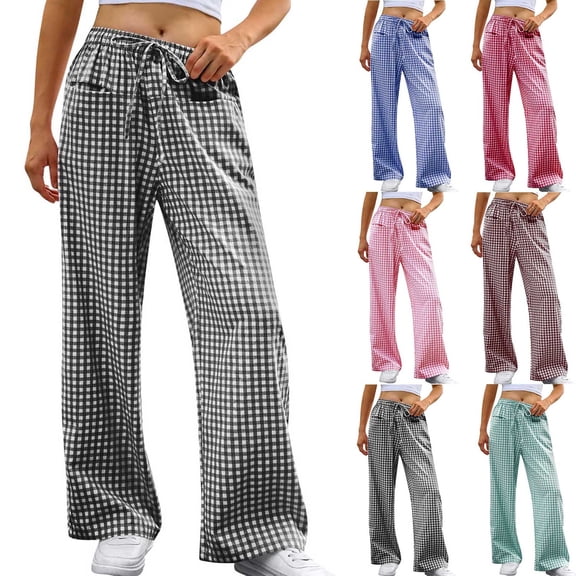 Wlynlyn Pajamas Pants for Women Plaid Elastic Waist Casual Wide Leg Cotton Pjs Bottoms Trousers with Pockets