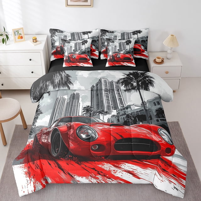 Erosebridal Red Racing Car Bed in a Bag Queen size, Street Bed Set, Speed Sports Decor, Reversible 7 Pieces