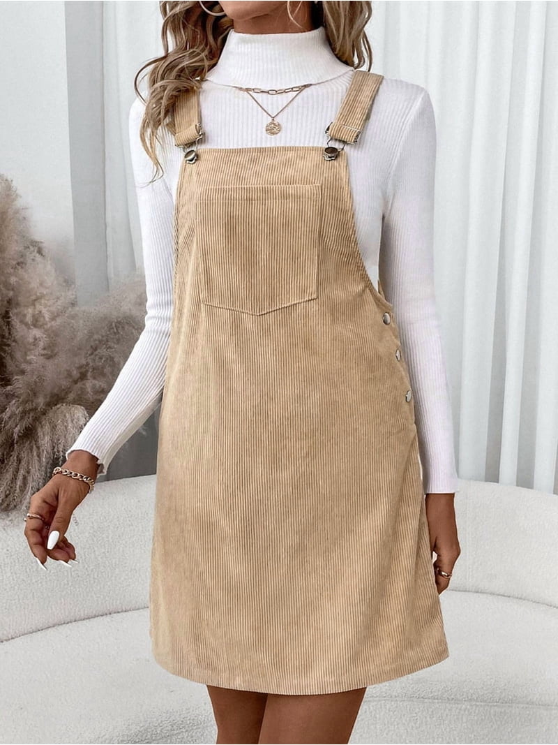 corduroy jumper dress knee length Milumia Women V Neck Corduroy Overall Dress 2026 Spring Mini Pinafore Jumper Dress at Amazon Women's Clothing store