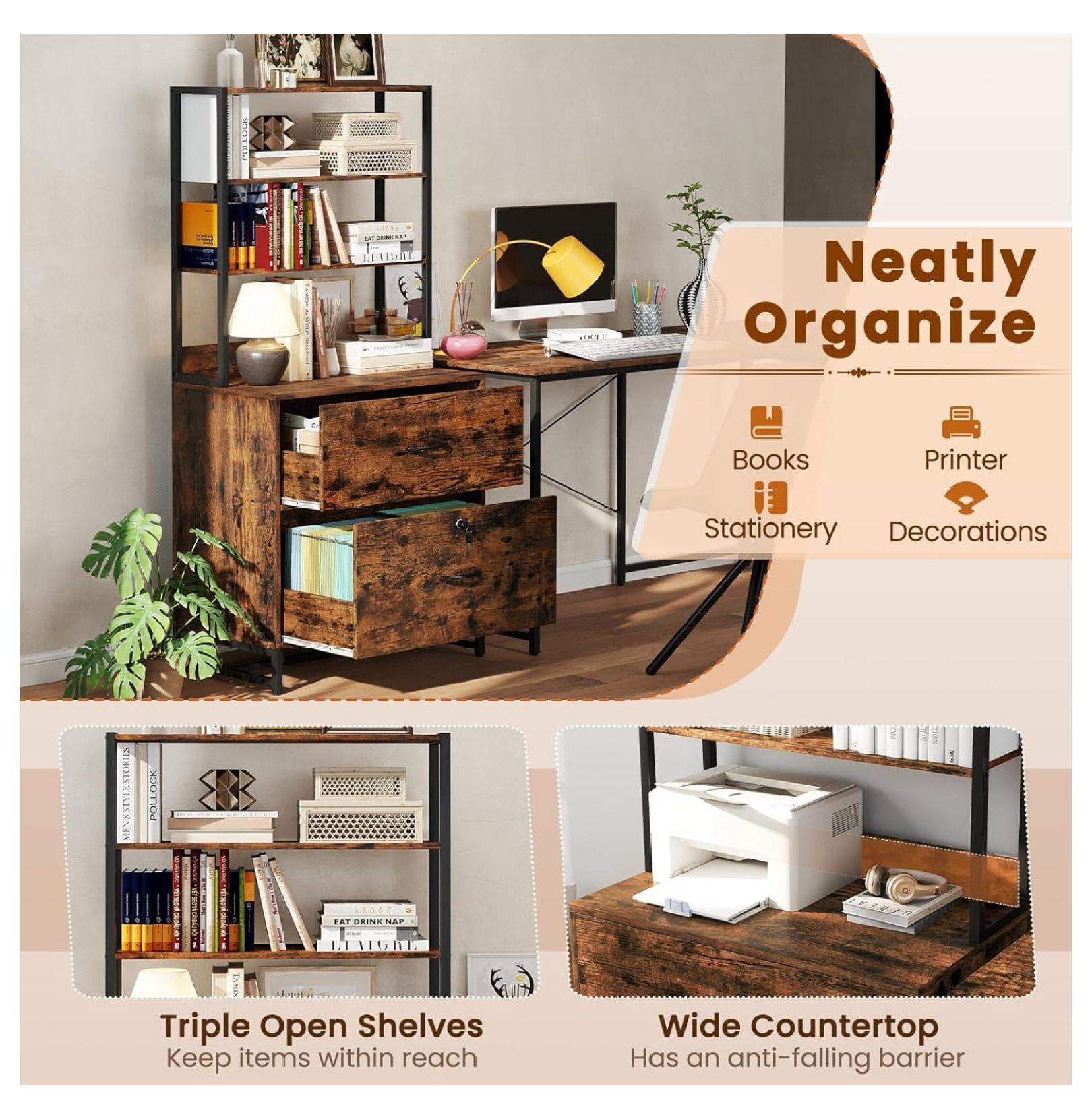 File Cabinet, 2 Drawer File Cabinet with Open Shelves & Anti-toppling Device, Industrial Lateral File Cabinet with Lock for Letter Size File Folders, Rustic Large Printer Stand, Rustic Brown