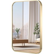 Bathroom Mirror, Brushed Brass Gold Metal Framed Rectangular Mirror with Rounded Corner, Bathroom Vanity Mirror for Bedroom or Living Room, Horizontal/Vertical