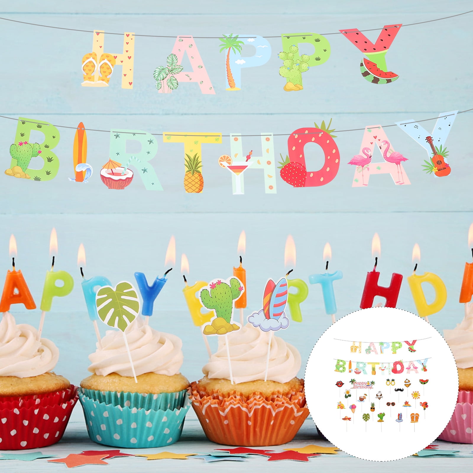 Ensemble Décoration Anniversaire Tropicale - Bannière Joyeux Anniversaire Et Topper Gâteau Luau Hawaï