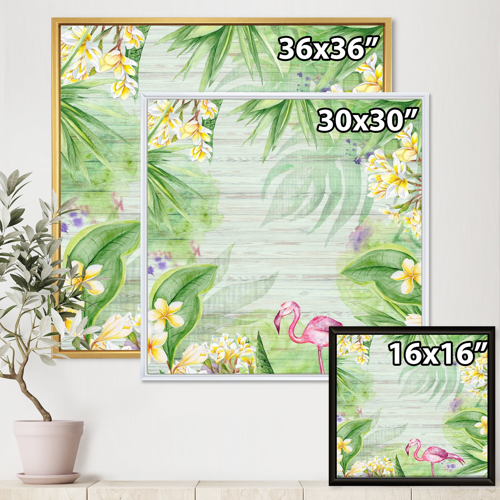 Designart 'Yellow Flowers, Tropical Foliage With Flamingo I' Modern Framed Canvas Wall Art Print