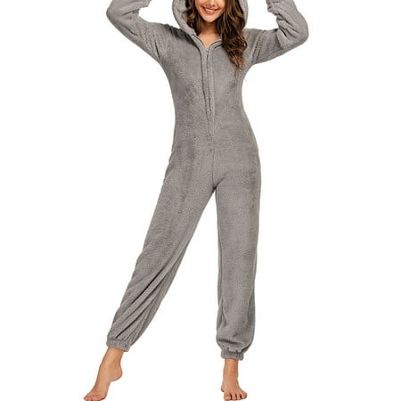 

Autumn Winter Cute Fleece Plush Warm Hooded Jumpsuit Pajamas Women Long Sleeve Sleepwear Homewear