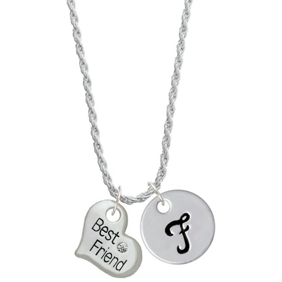 Delight Jewelry Silvertone Large ''Best Friend'' Heart Silvertone Script Initial Disc - F - Charm Necklace, 20"+3"