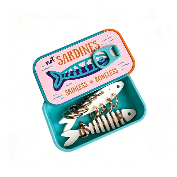 Sardines Jewelry Box Organizer, Pink, with Fish-Shaped Holders for Rings Earrings and Charms, Whimsical Ocean Themed Gift