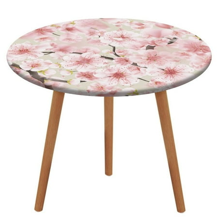 

Bybiment Round Fitted Tablecloth with Elastic Edge Pattern Pink Sakura Decorative Tablecloth Table Cover 39 Inch