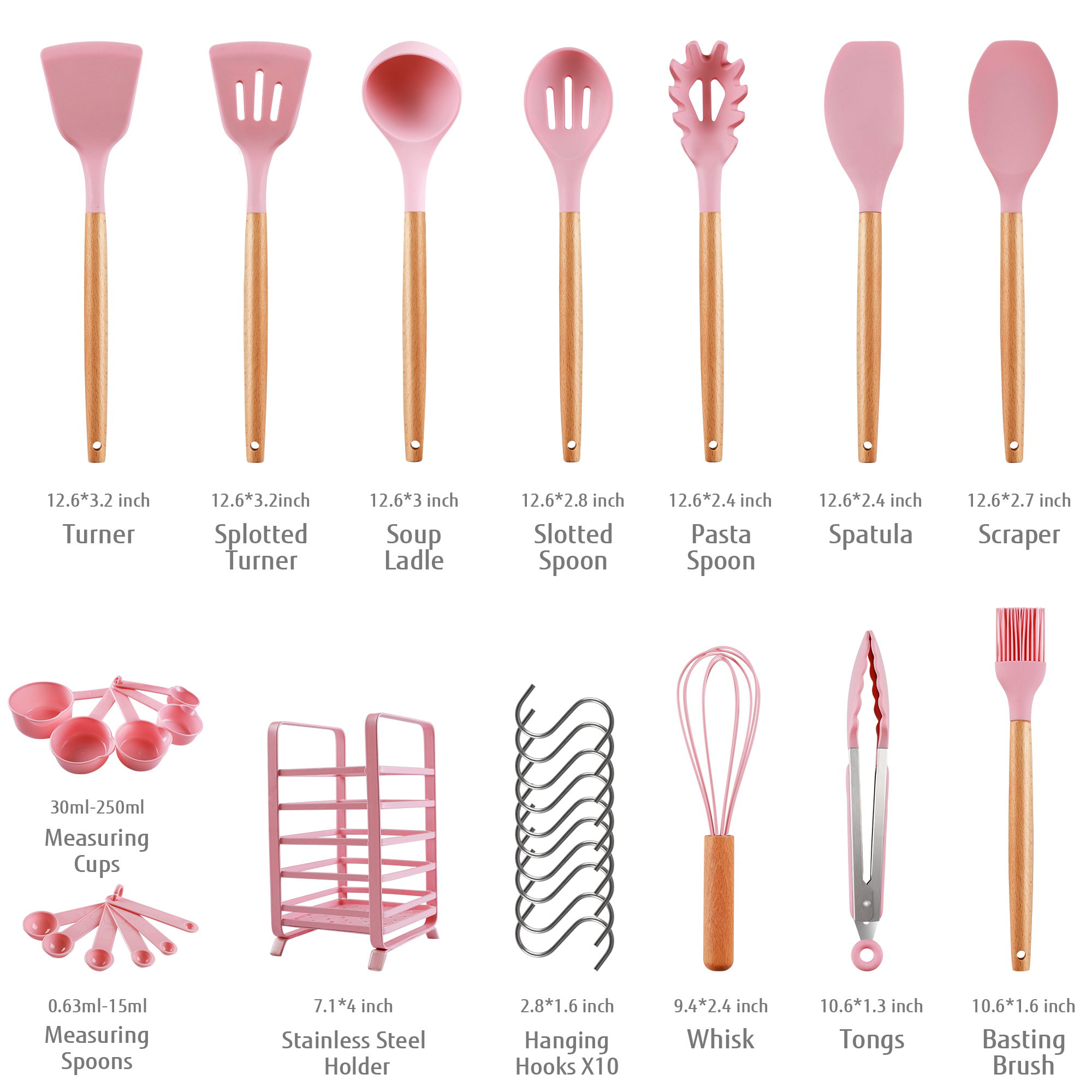 Hecef 32-Piece Silicone Kitchen Utensils Set with Stainless Steel Holder, Pink photo 3