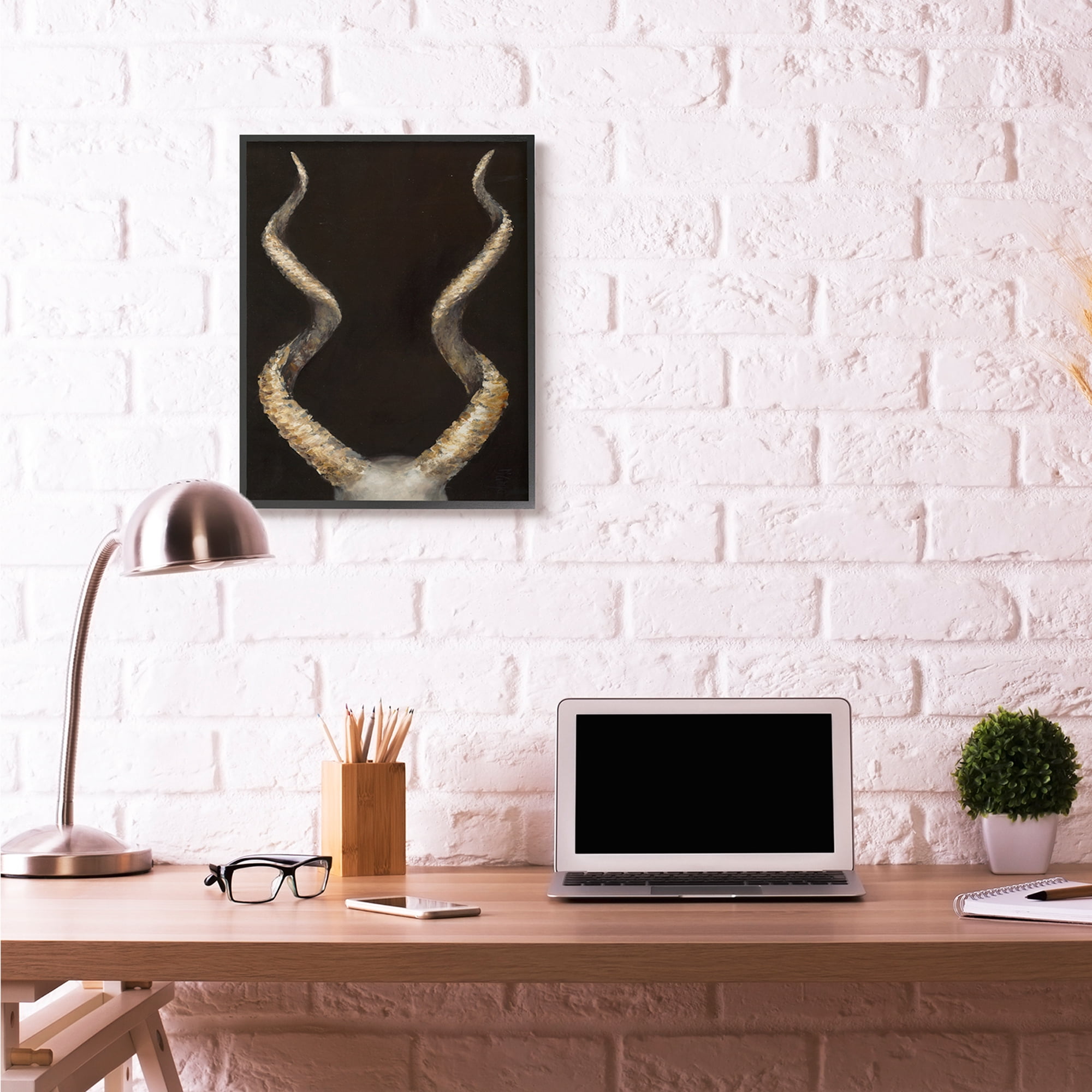 Stupell Industries Goat Horns Shadow Black Gold Animal Painting Black Framed Art Print Wall Art, 24x30, by Third and Wall