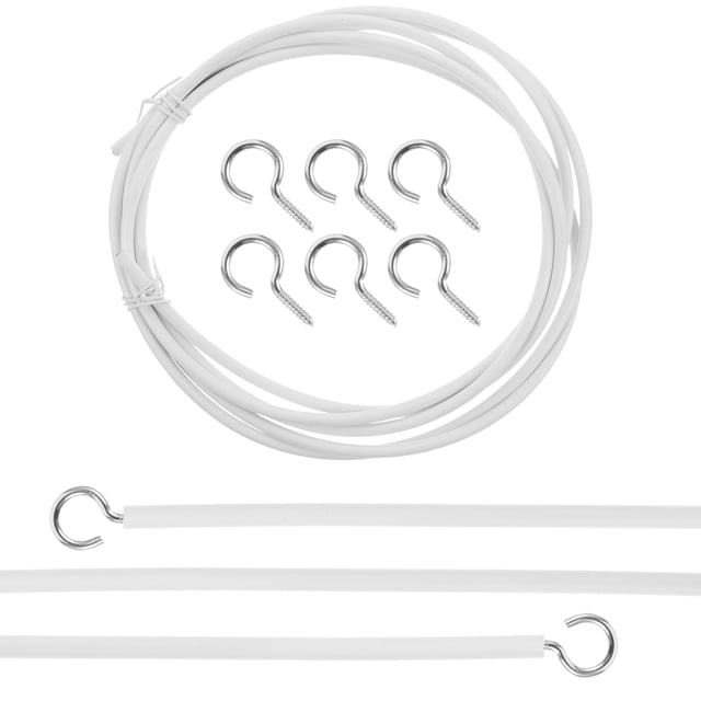 ptootp 2jgo cable para con accesorios de montaje para o pared material metálico y pvc duradero set blanco de cable de 2 m con 8 tornillos de ojo; vista centrada y frontal: cable enrollado arriba, ocho tornillos de ojo metálicos en el centro y planos inferiores que muestran tramos de cable PVC blanco con anillas metálicas en los extremos, fondo blanco. Apto para colgar cortinas, cuadros o banners y suele usarse para proyectos de decoración y montaje en espacios pequeños.