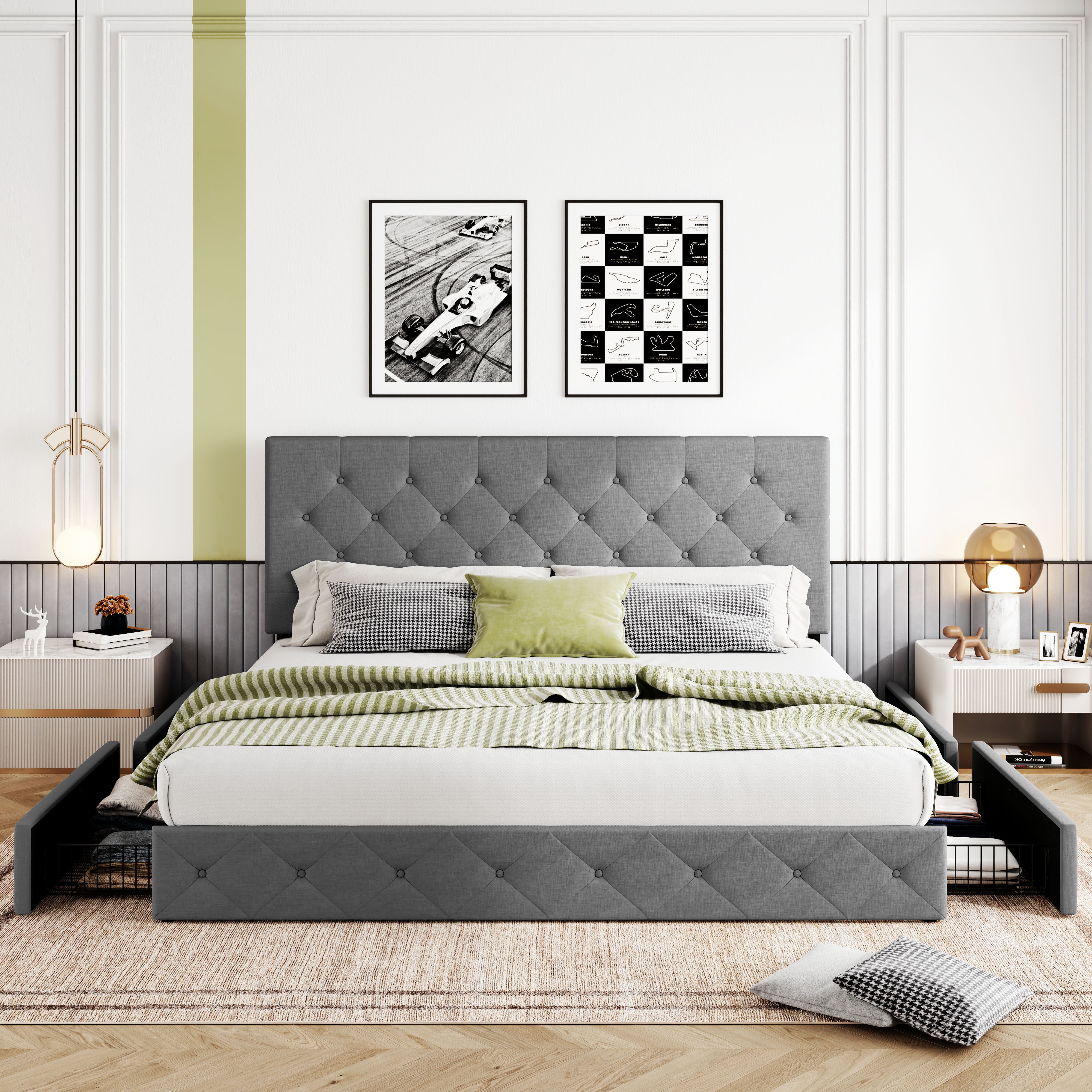 Sallyさま 専用ページ Sha Cerlin Upholstered King Bed Frame, Light Gray, with 4