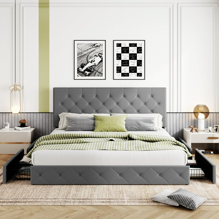 Wadhamさま専用 Benjara Uma Cream White Wood Frame Queen Platform Bed with