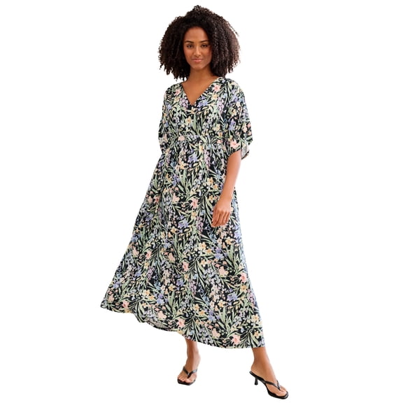 Ellos Plus Size Stretch Knit Fit And Flare Elbow-Length Sleeve Tie-Back Maxi Dress