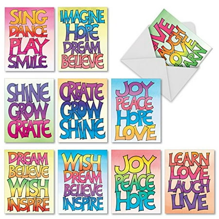 'M2317 WORD STACKS' 10 Assorted Thank You Greeting Cards Featuring Colorfully Illustrated Inspirational Words with Envelopes by The Best Card