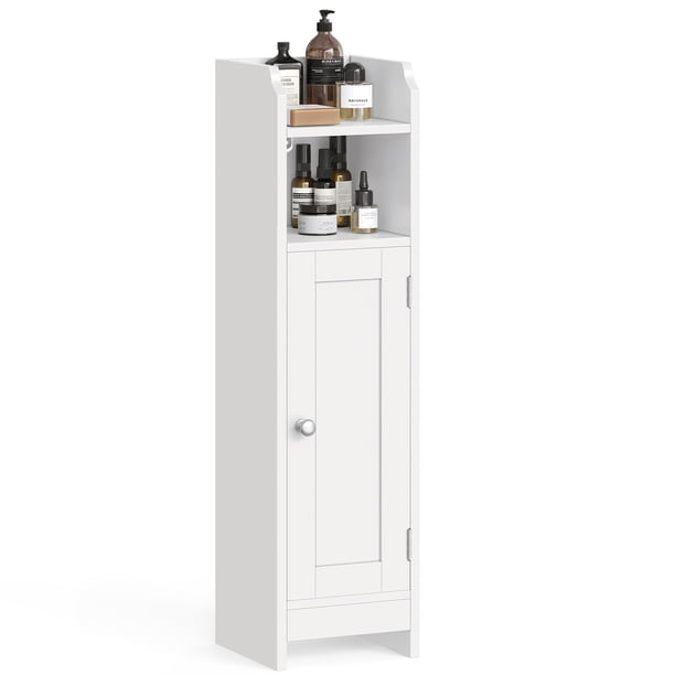 VASAGLE Armario de Baño, Armario Esquinero con Puerta y Estantes, Organizador de Almacenamiento, Armario Estrecho para Papel Higiénico, Estantes Ajustables, Blanco
