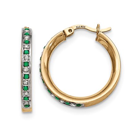 Silver & Gold-plated Diamond & Emerald Round Hinged Hoop Earrings.Wt-0.02ct (1IN Long)