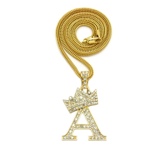 Stone Stud Allover Tilted Crown Initial A Pendant w/ 3mm 24" Fox Chain Necklace, Gold-Tone