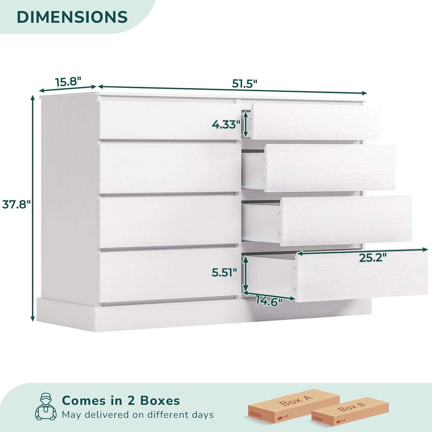 8 Drawers Double Dresser Wooden White Dresser Chest of Drawers for Bedroom,Large Storage Cabinet for Home Living Room