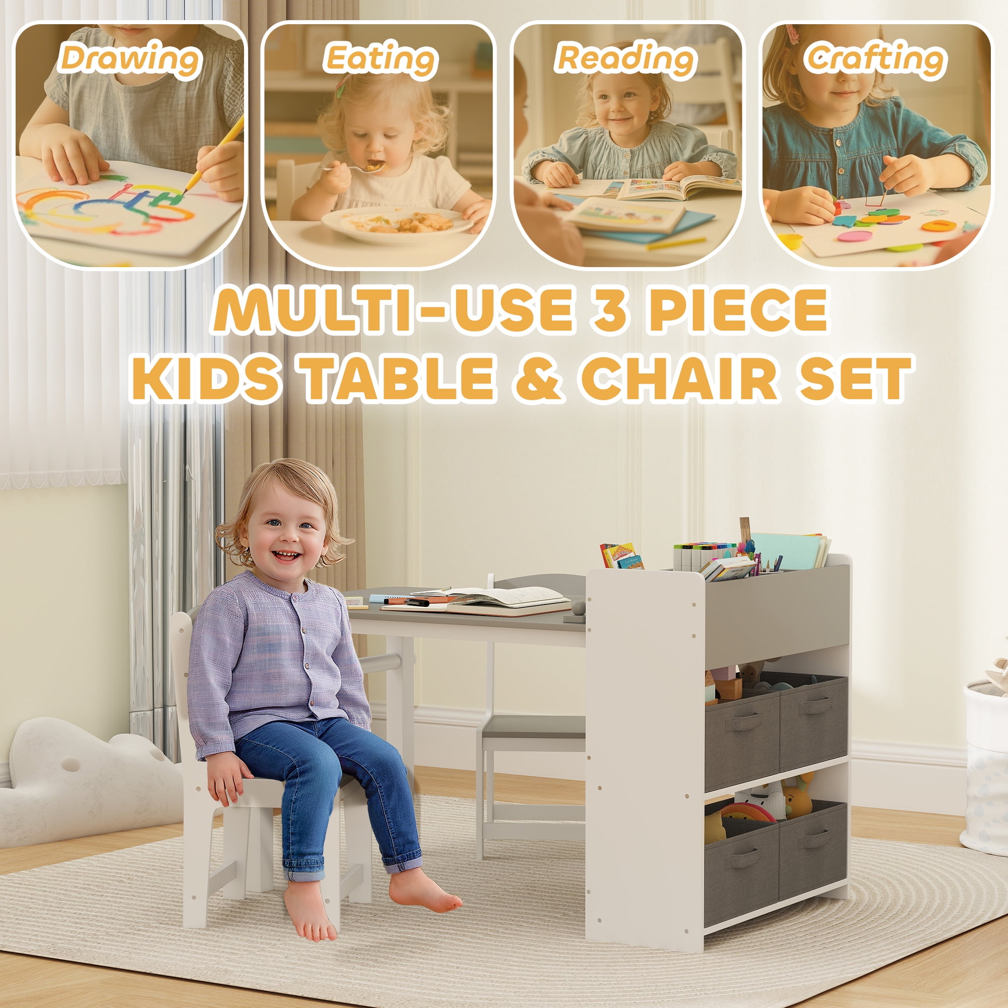 Qaba Kids Desk and Chair Set, Kids Art Table and Chairs Set with Paper Roll, Storage Shelves and Drawers, for Writing Drawing Aged 3-8, Gray