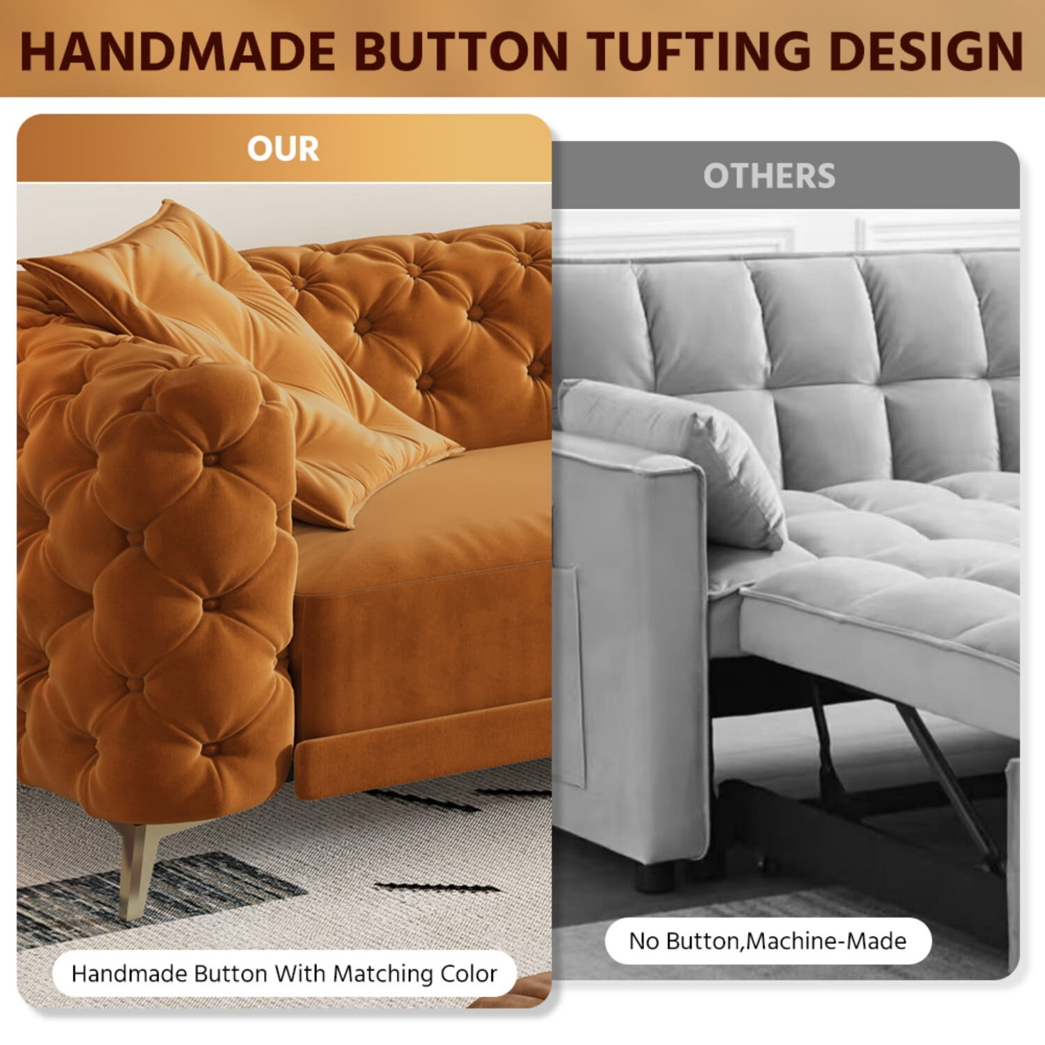 avobird 97" Overside Convertible Sofa, 3 in 1 Pull Out Sleeper Sofa Bed with Movable Ottoman, Button Tufted Modern Sofa for Living Room, Orange