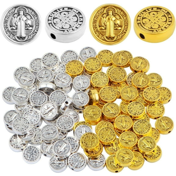 100pcs 9.5 mm Round Double-Sided Jesus Cross Spacer Beads Catholic Saint Benedict Beads Religious Loose Beads for DIY Rosary Bracelet Necklace Jewelry Making, 2 Colors