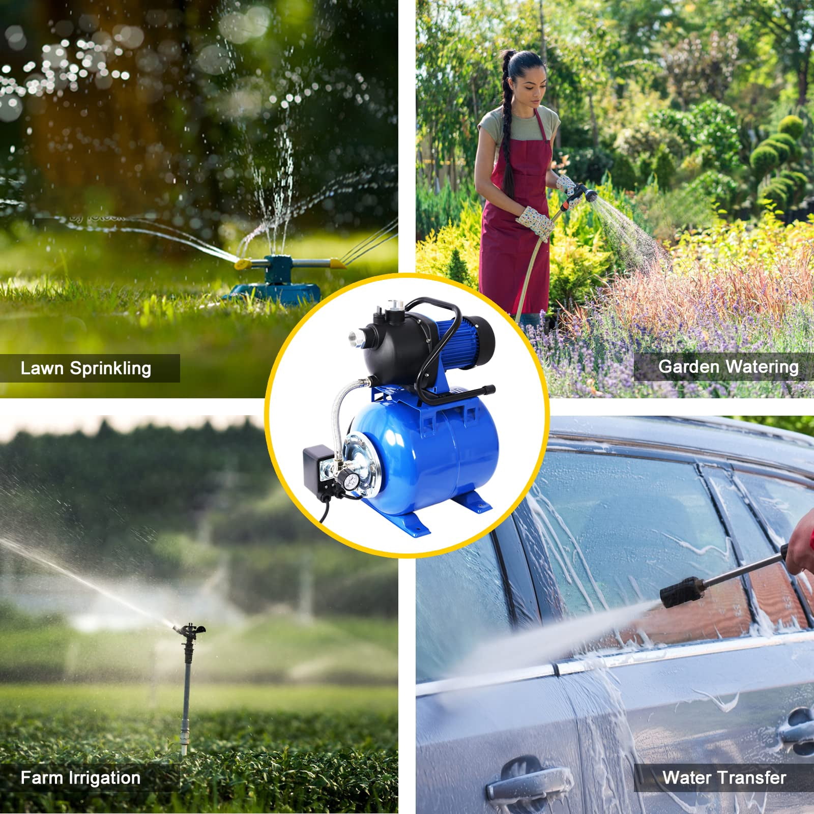 1.6HP Shallow Well Pump with Pressure Tank, 1000 GPH Garden Jet Pump, Irrigation Pump, Automatic Water Booster Pump for Home Garden Lawn Farm
