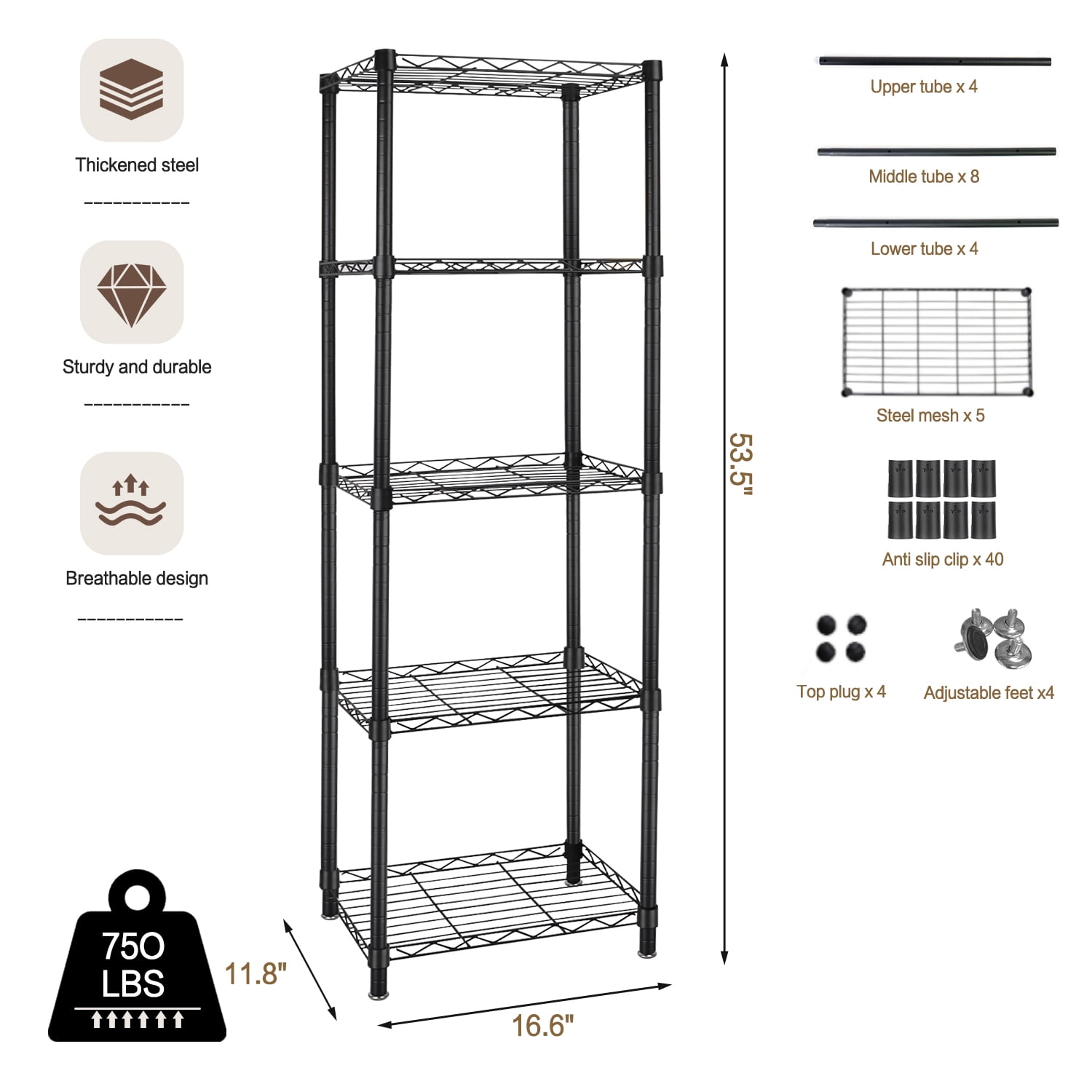 TAIMASI 5-Tier Metal Storage Shelves, Adjustable Black Organizer Rack with Leveling Feet, 11.8"D x 16.6"W x 53.5"H Storage Shelves for Pantry, Kitchen, Laundry, Bathroom Closet