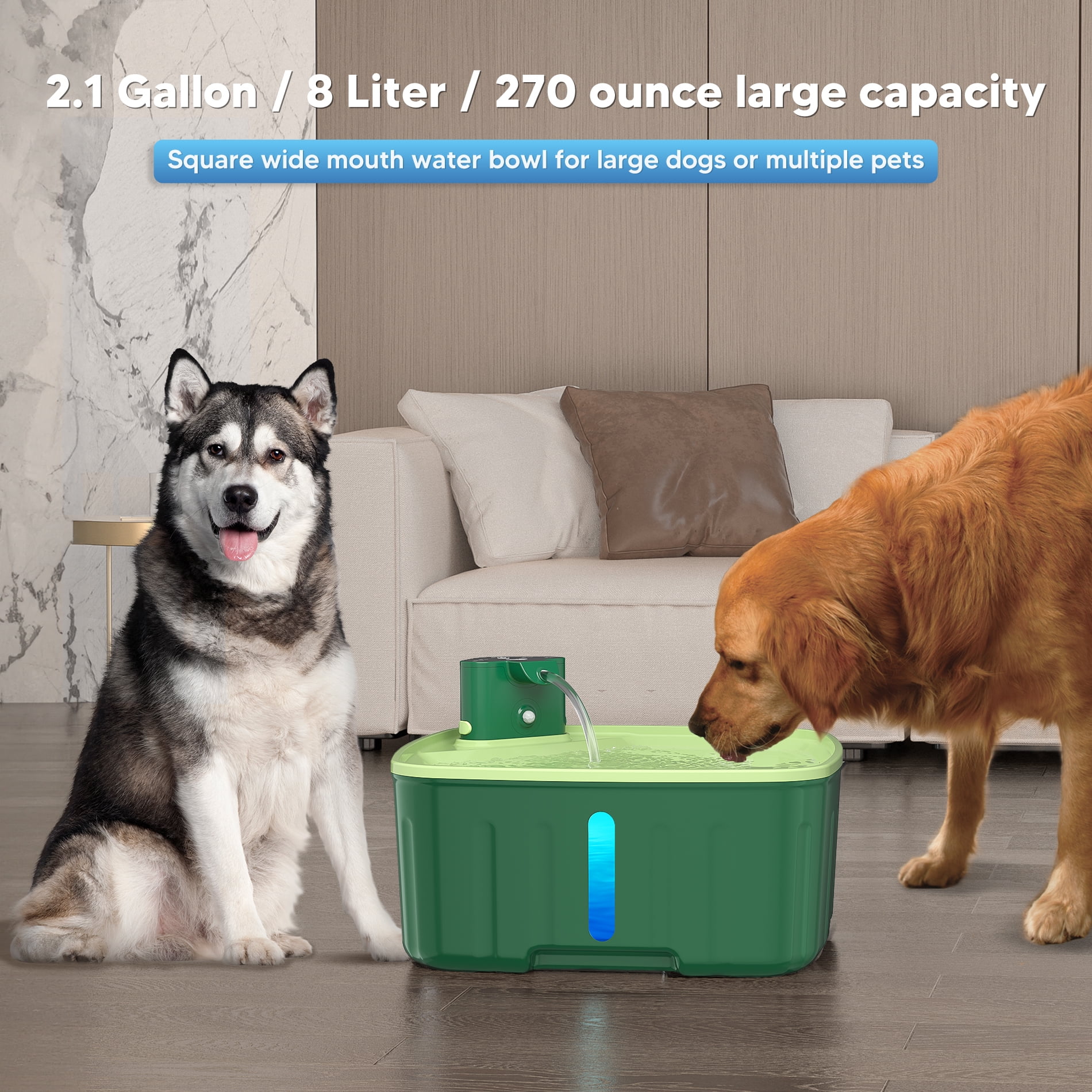 FURCLAN Large Dog Water Fountain 8L/2.1Gal Capacity, Wireless Automatic Pet Water Dispenser with Motion Sensor, Quiet Circulating Waterer for Multi-Pet Home, Green