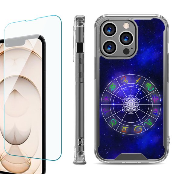 Shockproof Bumper Phone Case for iPhone 13 Pro Max, with Tempered Glass Screen Protector, by OneToughShield ® - Zodiac / Horoscope