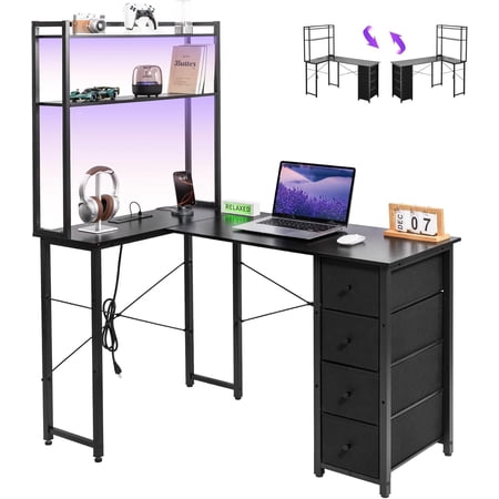L Shaped Gaming Desk with 4 Drawers Reversible Desk with Hutch & Shelves and Power Outlet Corner Gaming Desk with LED Light for Work Office Black
