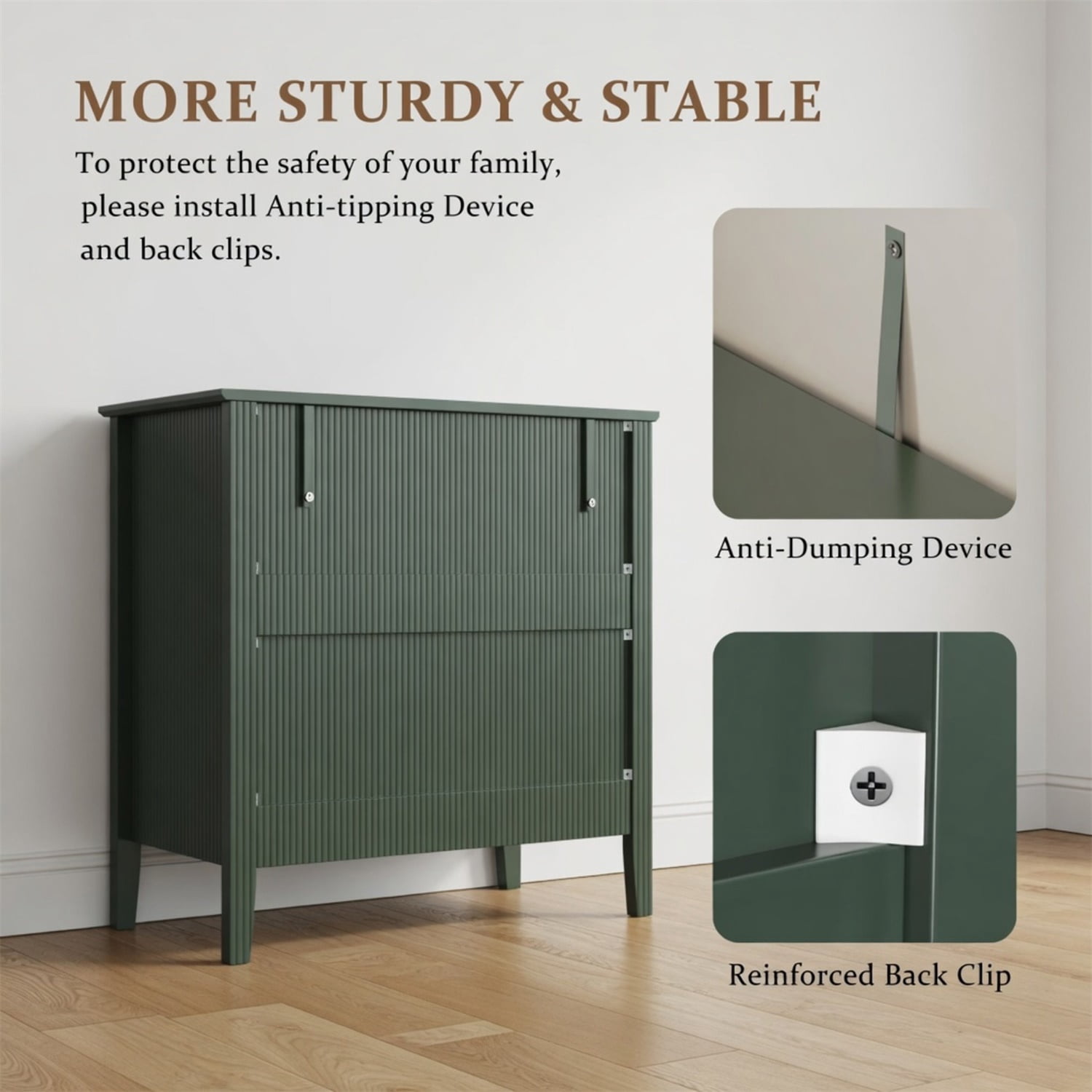 Hommoo 32"W Wooden Fluted 3-Drawer Nightstand, Large Modern Bedroom End Table, Green