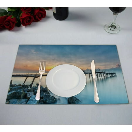 

GCKG Seascape Placemat Beautiful Sunrise on Wooden Bridge with Dark Yellow Rays Placemat 12x18 Inch Set of 2