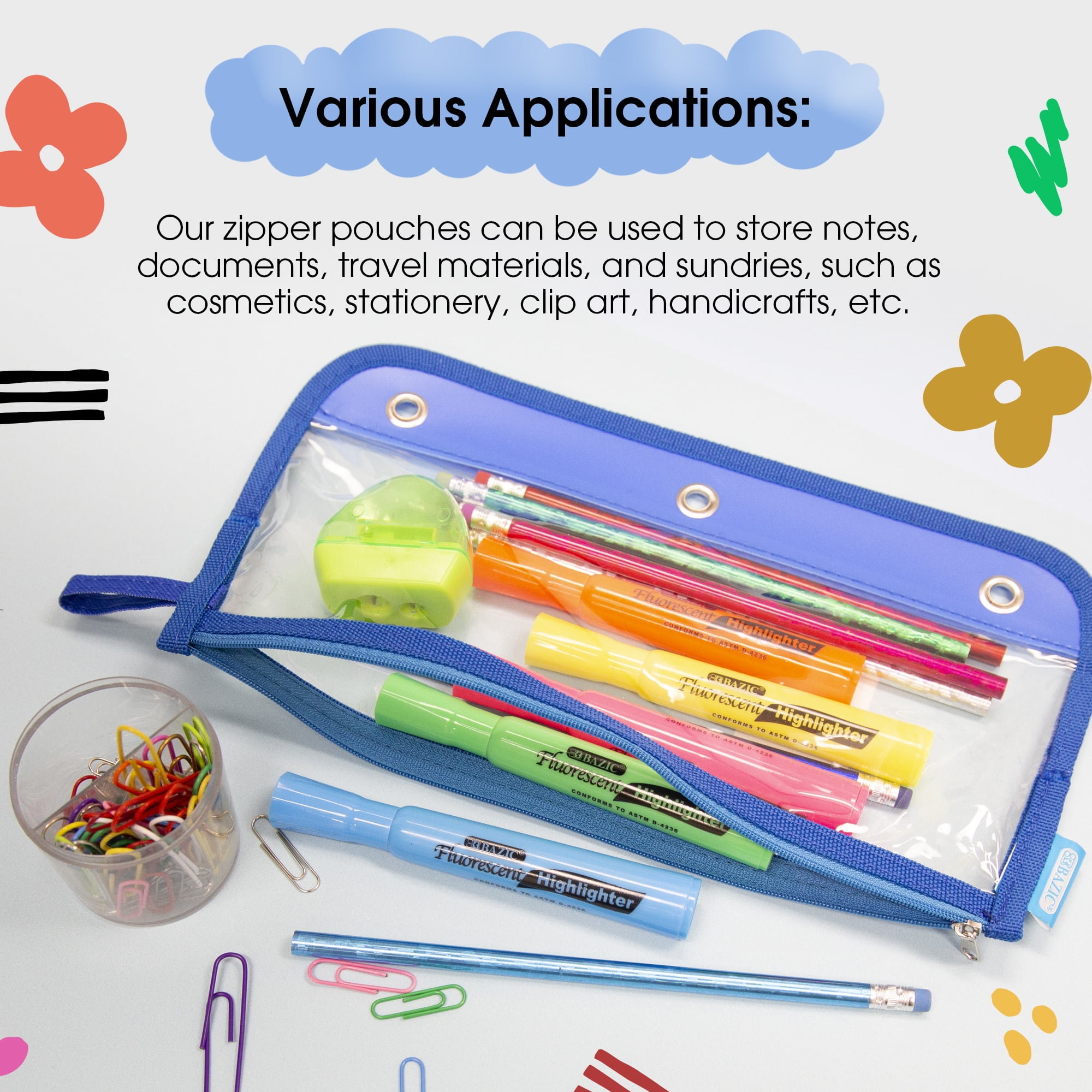 BAZIC 3 Ring Pencil Pouch, 11.5"x6.5" Clear Color, 24-Pack