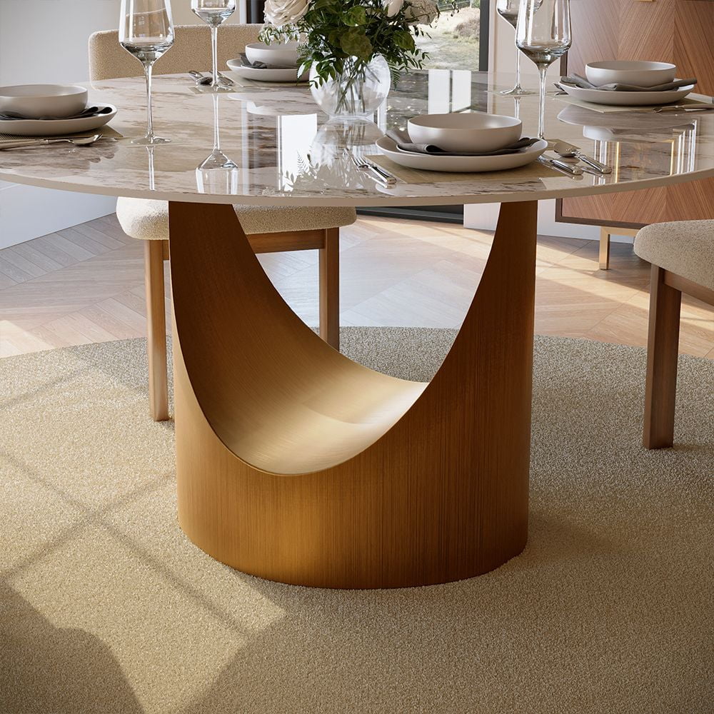 POVISON-59" Hobart Modern Round Dining Table for 6, Pandora Glossy Sintered Stone Table, Bronze Carbon Steel Pedestal
