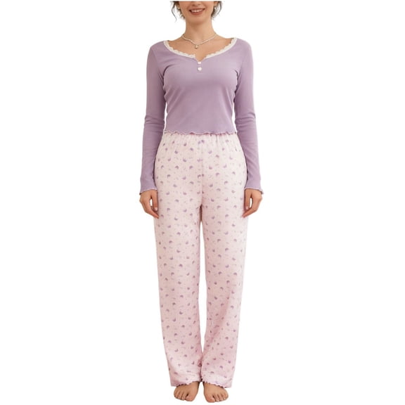 Erwazi Women's Lace Long Sleeve Tops and High Waist Full Length Pajama Set 2 Piece Pjs with Pockets