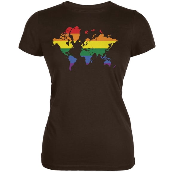 LGBT Rainbow World Map Brown Juniors Soft T-Shirt - X-Large