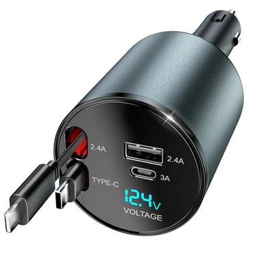 Cshidworld Retractable Car Charger for iPhone and Type C Cigarette Lighter Adapters, ABS PC Black