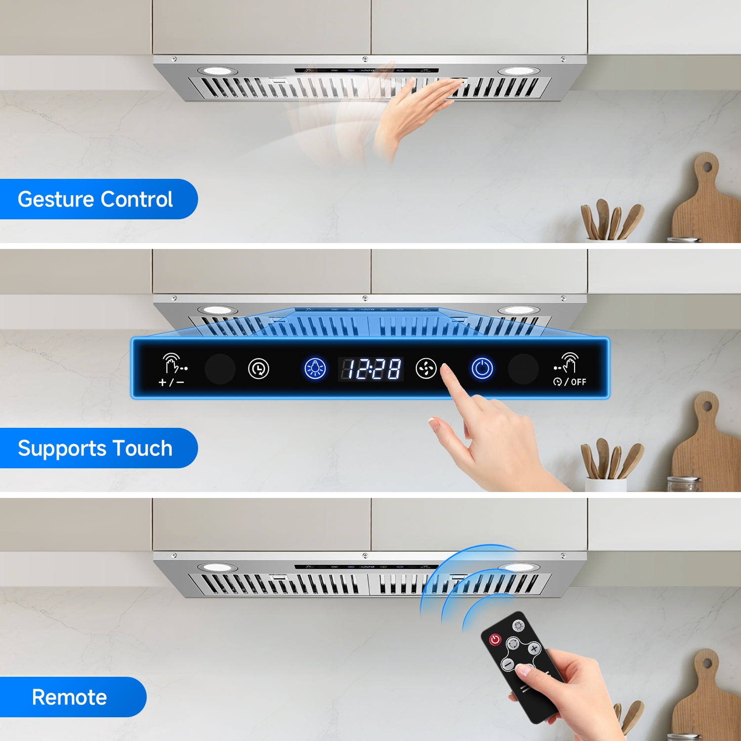 Aobosi 30" Range Hood, 900 CFM Under Cabinet Vent Hood, Stainless Steel Exhaust Fan with Gesture & Remote Control, Time Setting, LED Lights