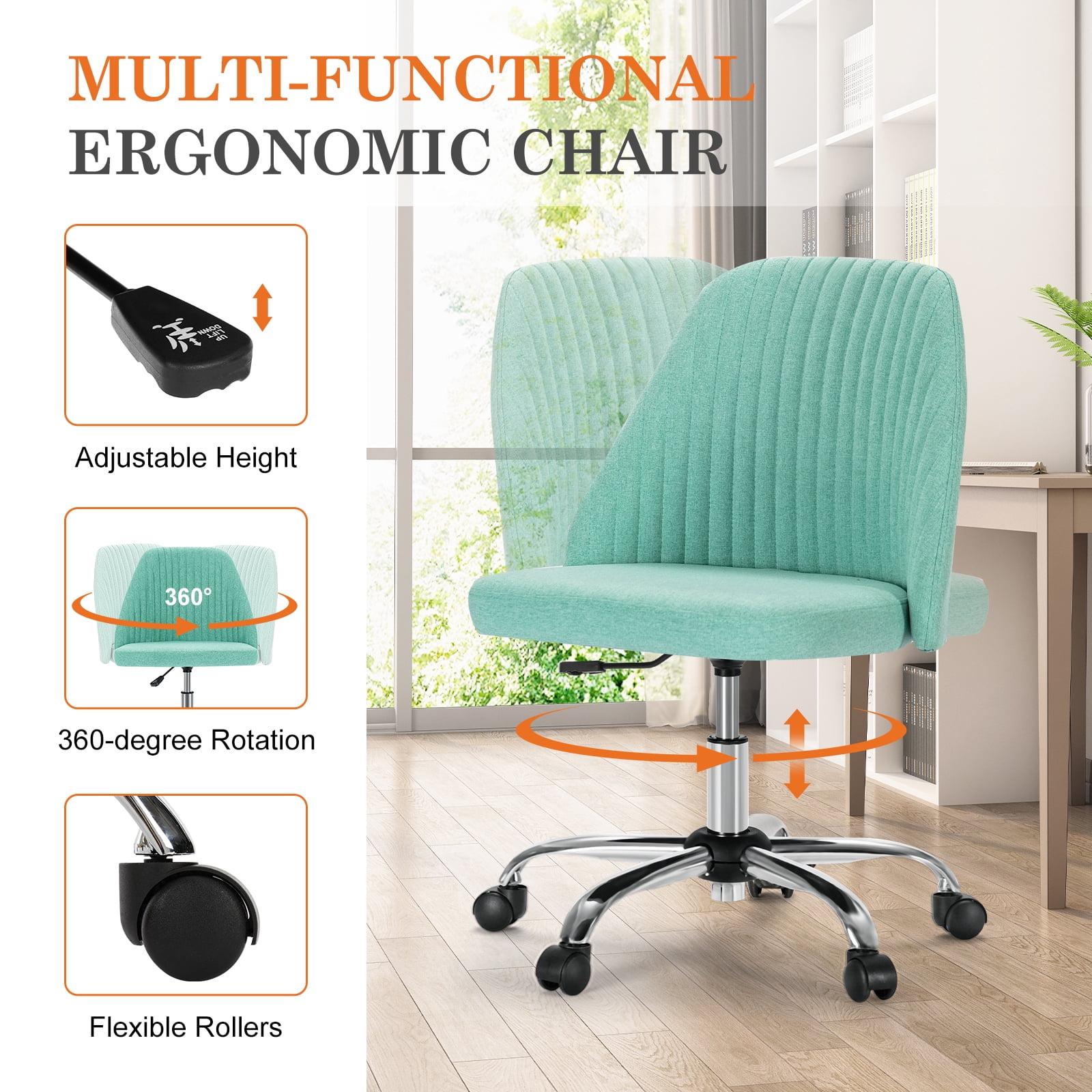 MAYEERTY Armless Office Desk Chair Height Adjustable ,Mid Back Accent Chair,Green