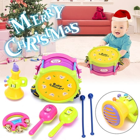 Christmas gif for Children 5Pcs Baby Roll Drum Musical Instruments Band Kit Novelty Children Toy Baby Kids Toddler Gift Christmas Holiday Festival Gift Set
