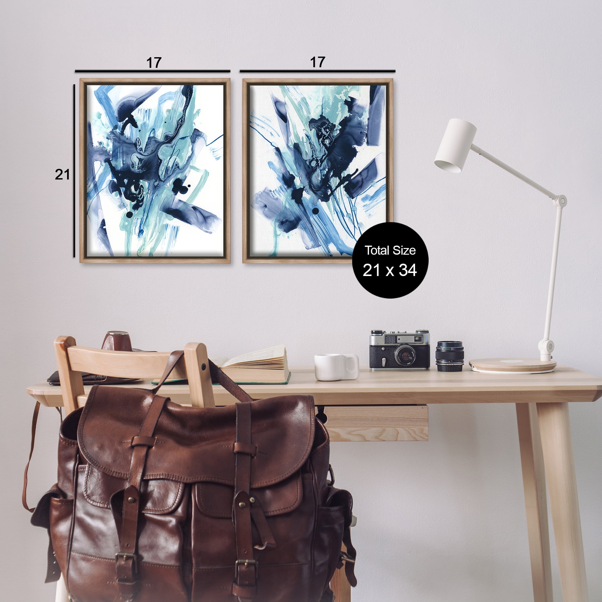 Stupell Industries Abstract Blue Splash Abstract Painting Brown Floater Framed Canvas Art Print Wall Art, 17 x 21, Set of 2