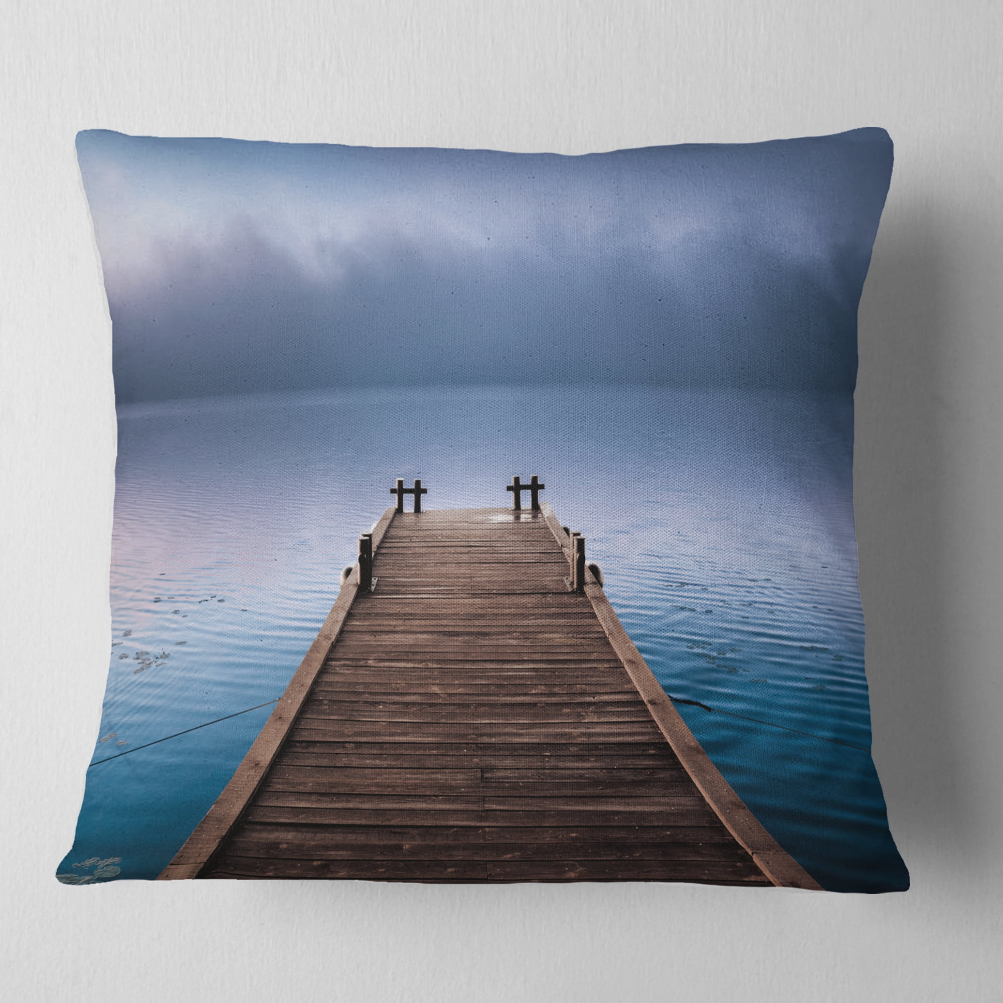 Designart Wooden Pier under Foggy Sky - Seascape Throw Pillow - 18x18
