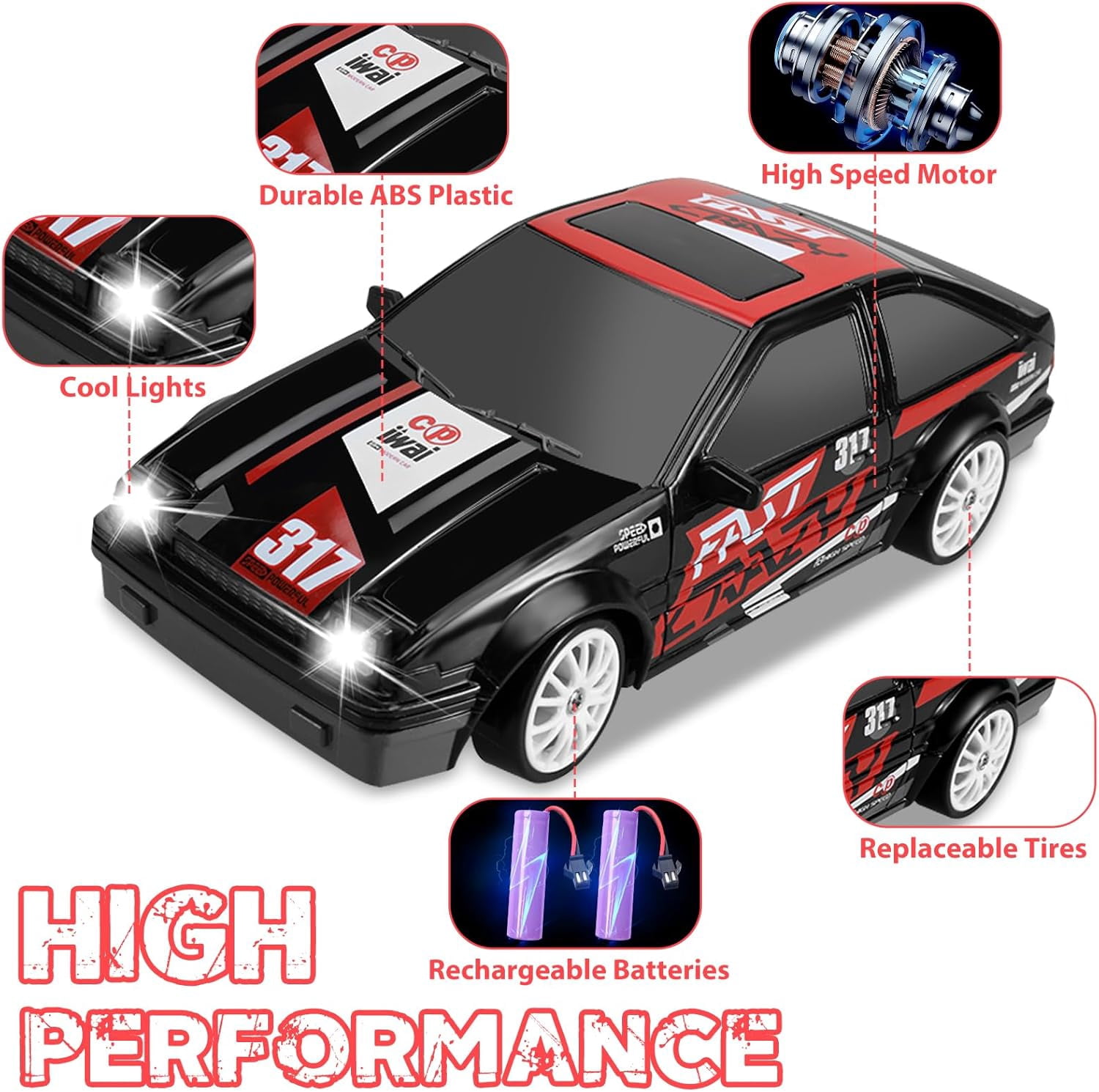 AIGIA 1:24 Scale Remote Control Car RC Drift Car 2.4GHz 4WD 15KM/H High Speed Two Batteries and Extra Tires Toys