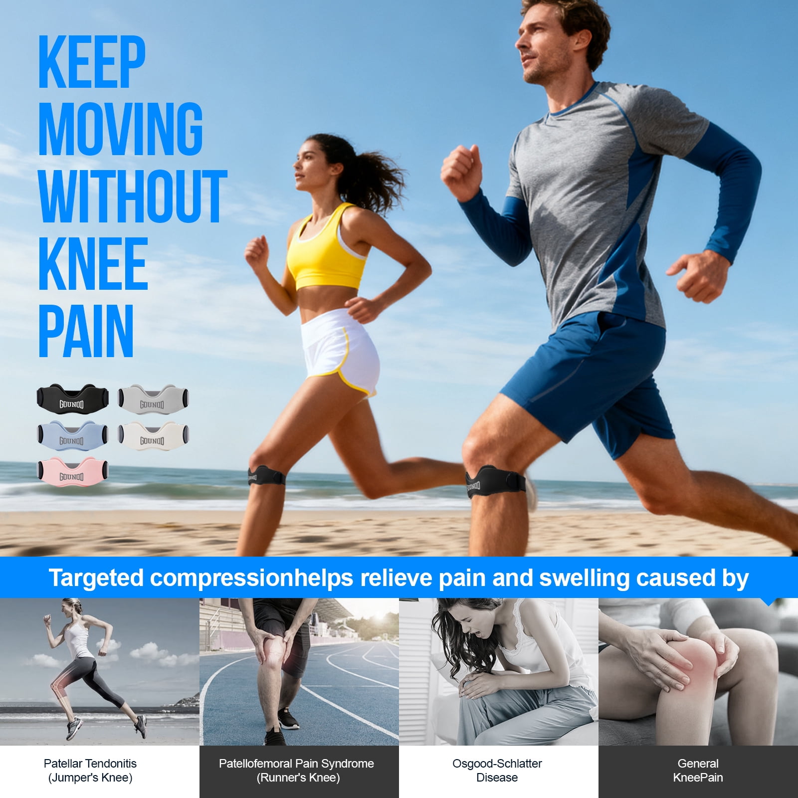 GOUNOD Patellar Tendon Support Strap 2 pack, Adjustablle Anti-Slip Knee Wrap, Unisex Knee Support for Running Cycling
