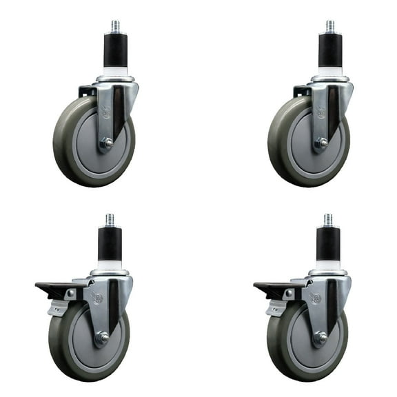 5 Inch Gray Poly Wheel Swivel 1-1/2 Inch Expanding Stem Caster Set 2 Brakes SCC