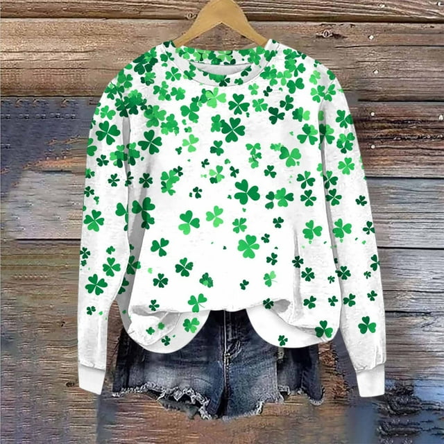 Nuoqisi Mode de la Saint-Patrick Blouse Décontractée à Manches Longues pour Femmes, Col Rond Imprimé, Ample, Sans Capuche, Haut Tendance Confortable pour la Mode Urbaine Quotidienne, Superposition Printemps Été et Week-Ends Détendus