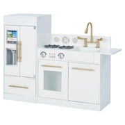 Teamson Kids Little Chef Charlotte Modern Play Kitchen with Free-Standing Refrigerator, Separate Kitchenette Unit, & Interactive Features, White/Gold