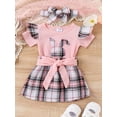 thumbnail image 2 of Summer Baby Girls Easter Outfit, Short Sleeve Bunny Romper with Belted Plaid Skirt Headband Outfit, 2 of 9