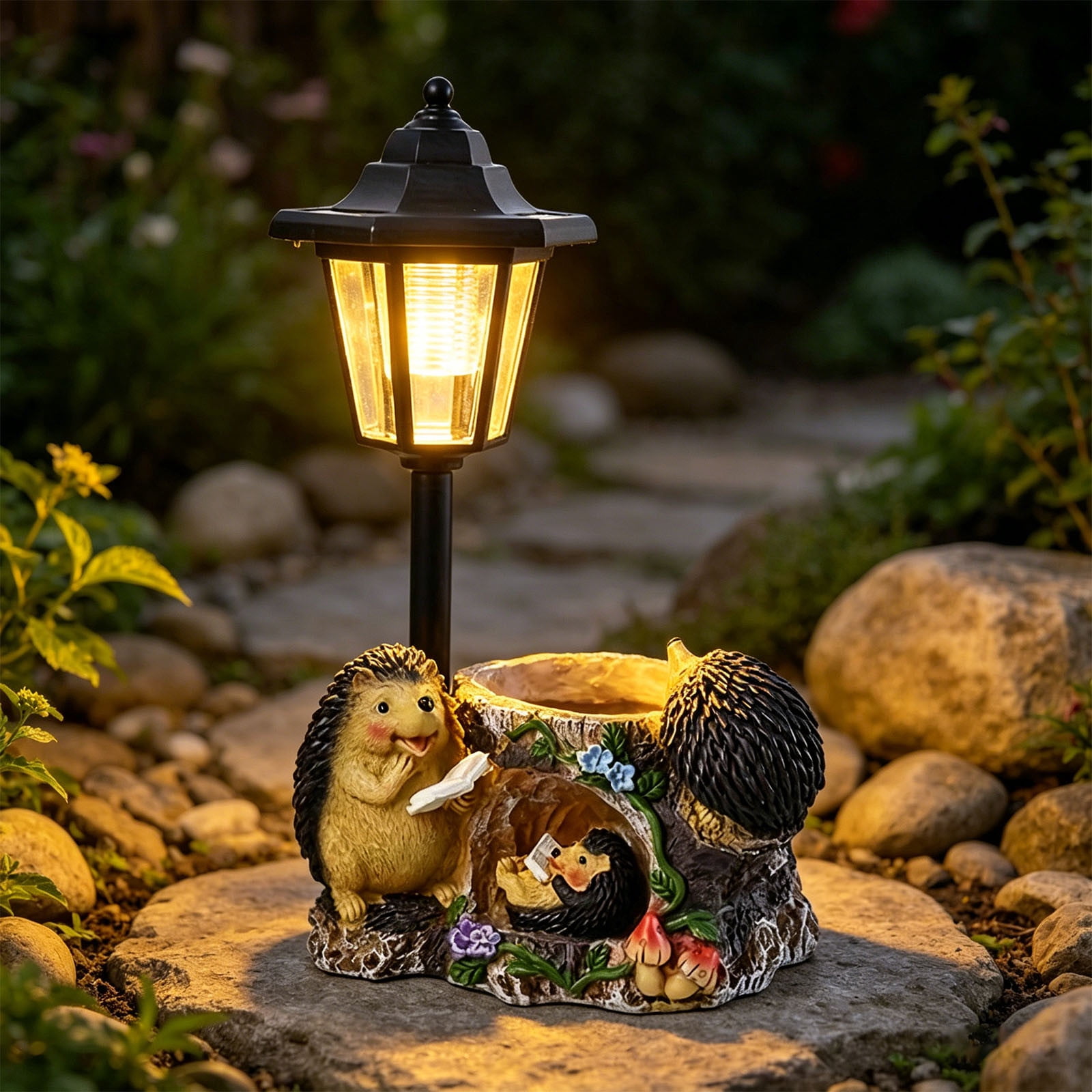 Hedgehog Resin Garden Statue, Solar Night Light Sculpture, Creative Flower Pot Decor, Waterproof Outdoor Ornament for Balcony Courtyard Villa Garden
